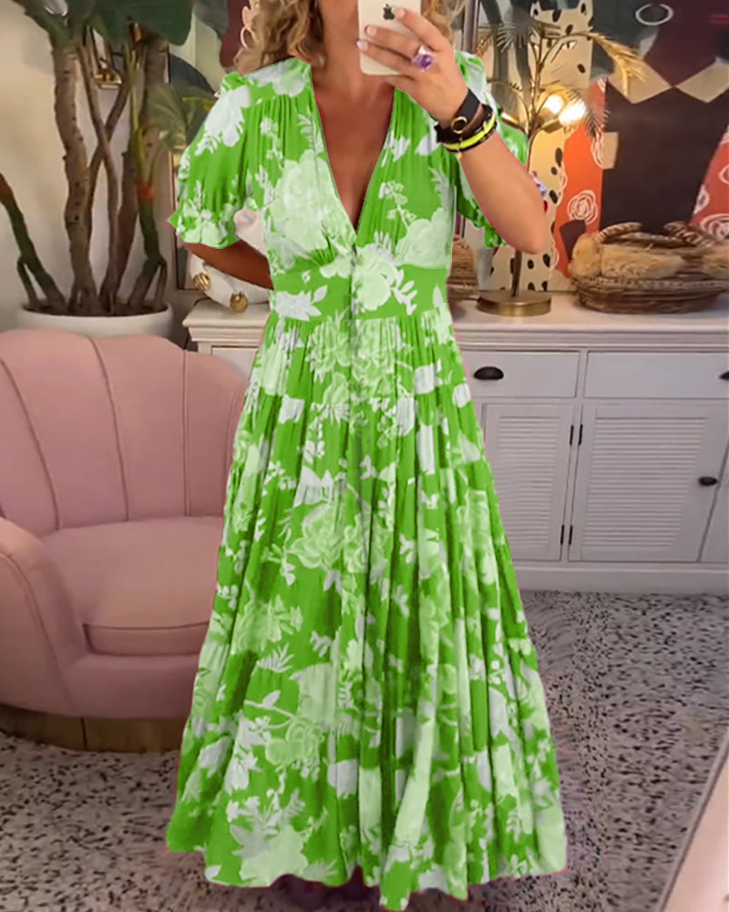 Catrisa™ - Vestido con cuello en V y estampado floral con bolsillos
