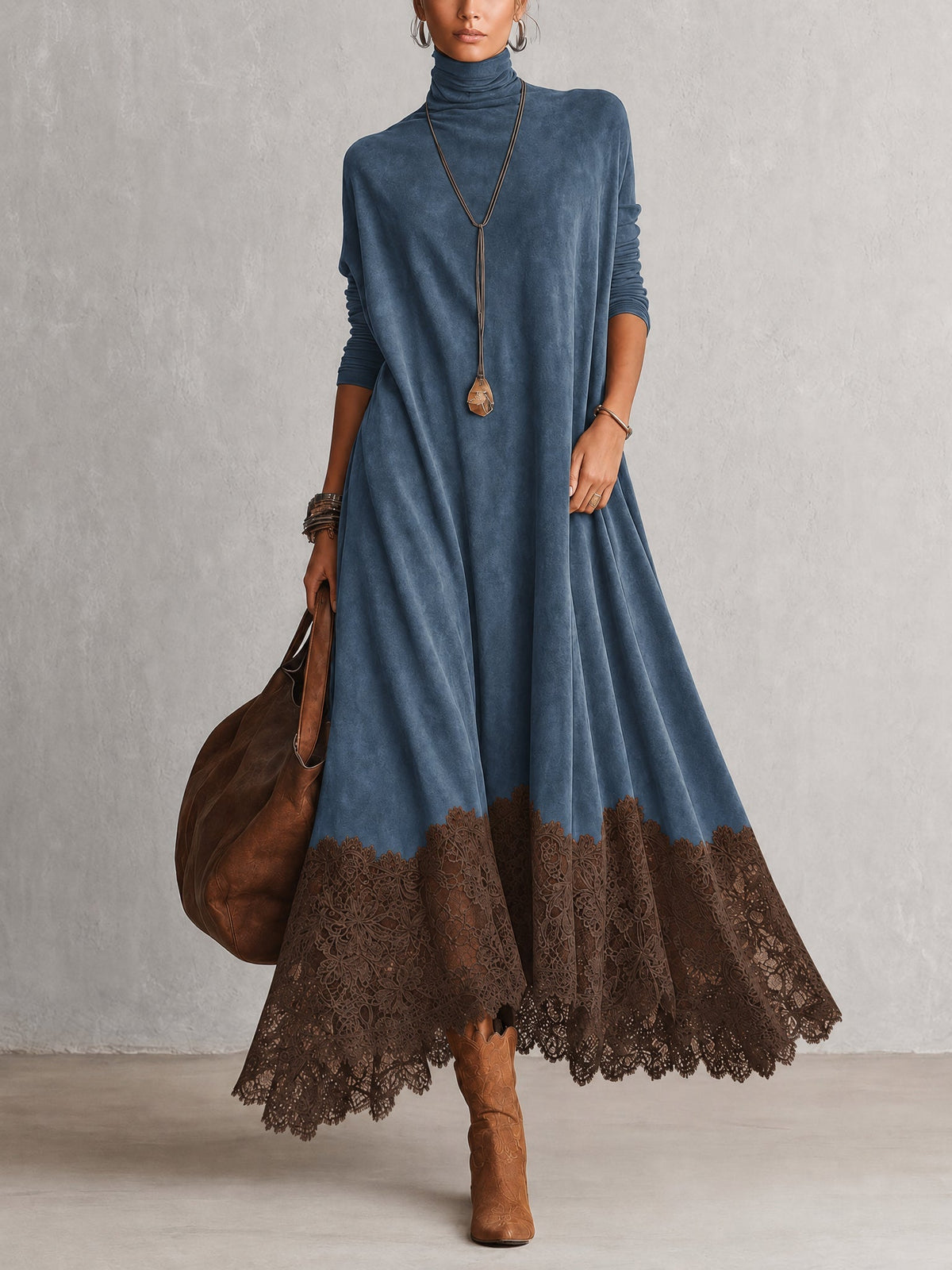 Dria - Vestido Maxi de Manga Larga en Suede Marrón Vintage para Mujer