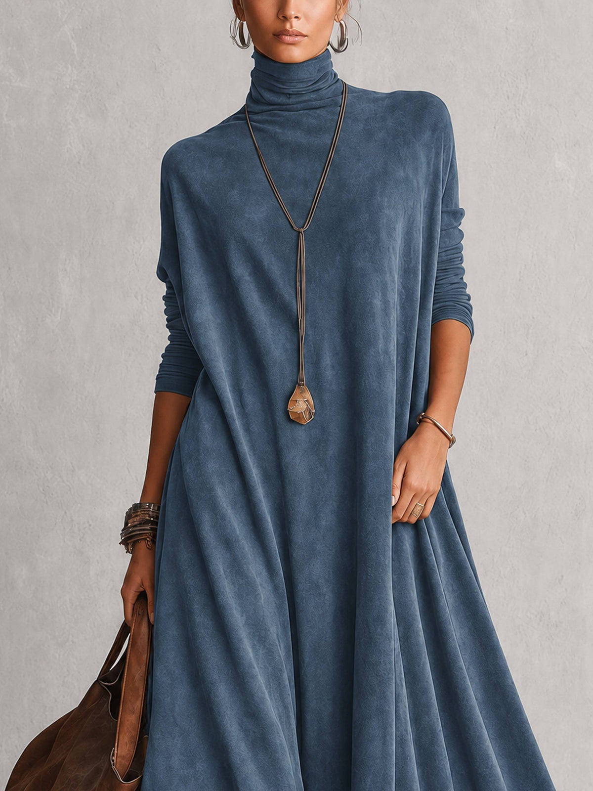 Dria - Vestido Maxi de Manga Larga en Suede Marrón Vintage para Mujer