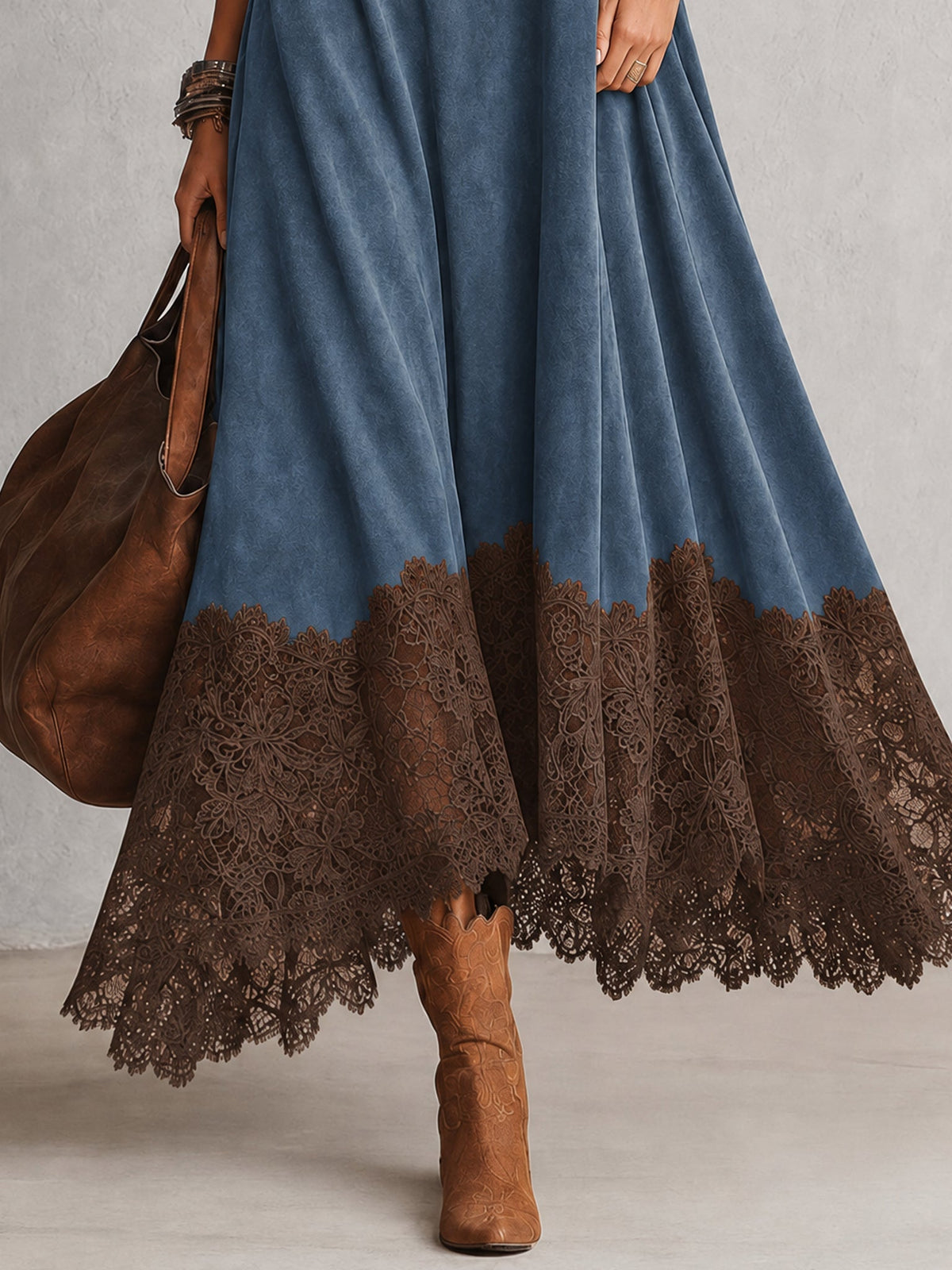 Dria - Vestido Maxi de Manga Larga en Suede Marrón Vintage para Mujer