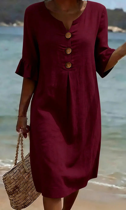 Vanesa | Vestido con textura de lino con manga abullonada y botones para Mujer