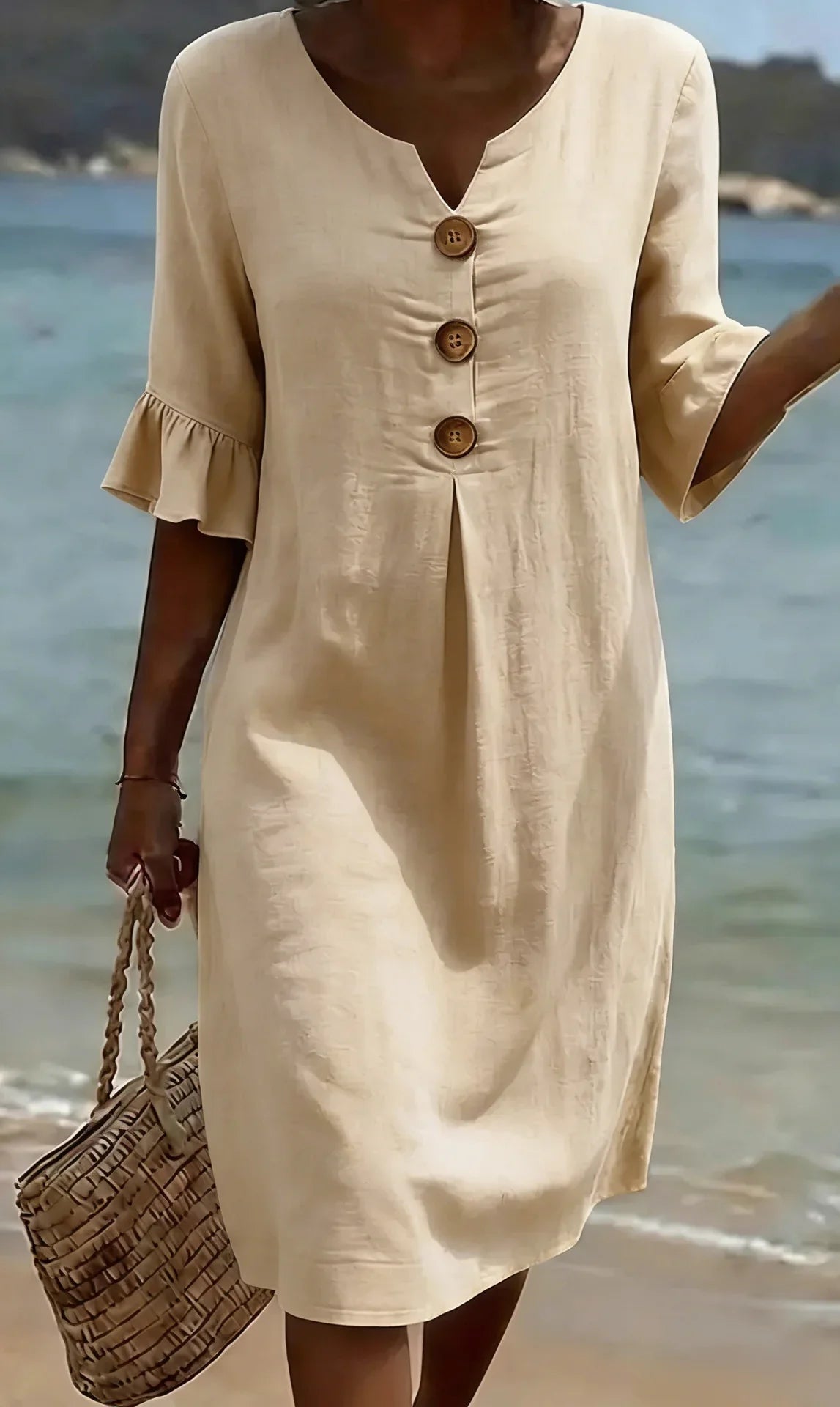 Vanesa | Vestido con textura de lino con manga abullonada y botones para Mujer