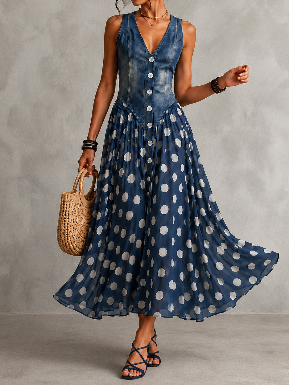 Rusca - Elegante vestido largo sin mangas de mezclilla falsa con lunares para Mujer