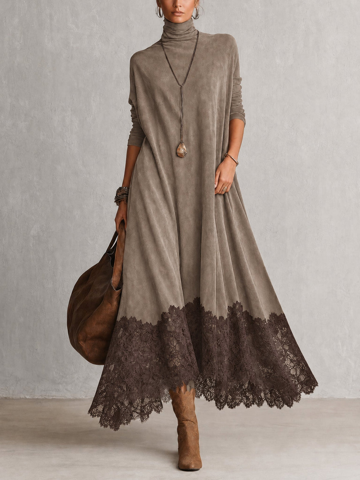 Dria - Vestido Maxi de Manga Larga en Suede Marrón Vintage para Mujer