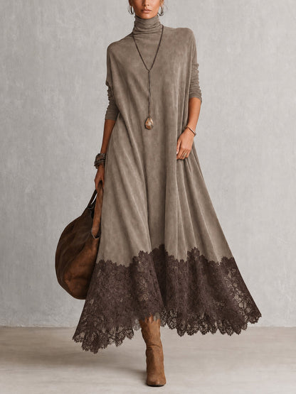 Dria - Vestido Maxi de Manga Larga en Suede Marrón Vintage para Mujer