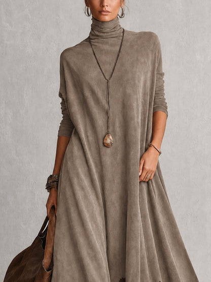 Dria - Vestido Maxi de Manga Larga en Suede Marrón Vintage para Mujer