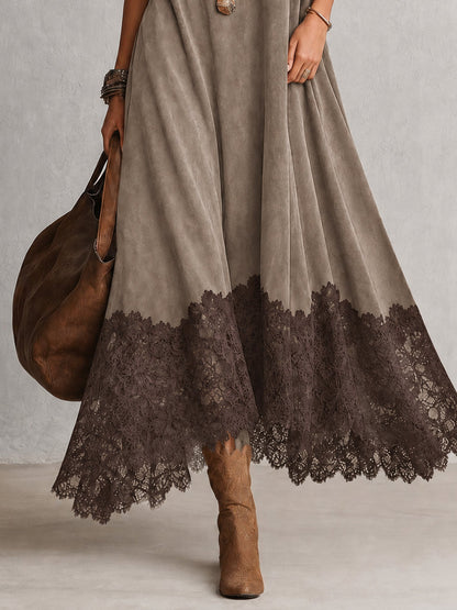 Dria - Vestido Maxi de Manga Larga en Suede Marrón Vintage para Mujer