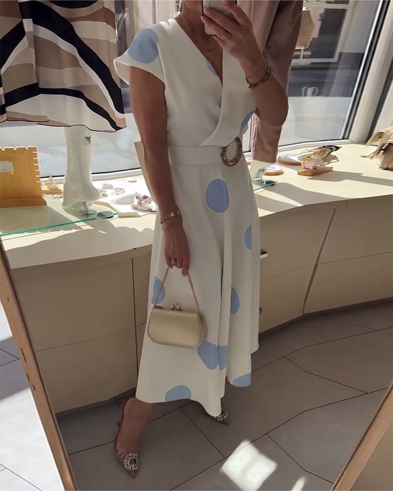 Lorena - Vestido midi para mujer con lunares y escote en V