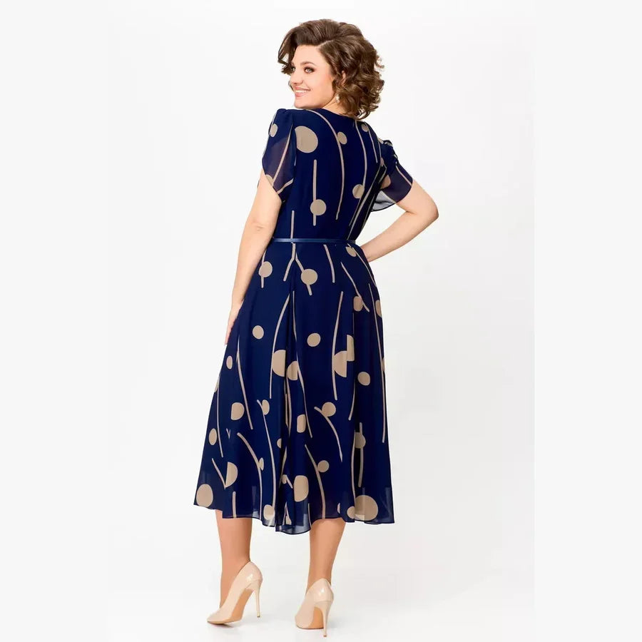 IVY | VESTIDO MIDI DE CHIFÓN CON ESTAMPADO DE LUNARES AZUL MARINO PARA MUJER