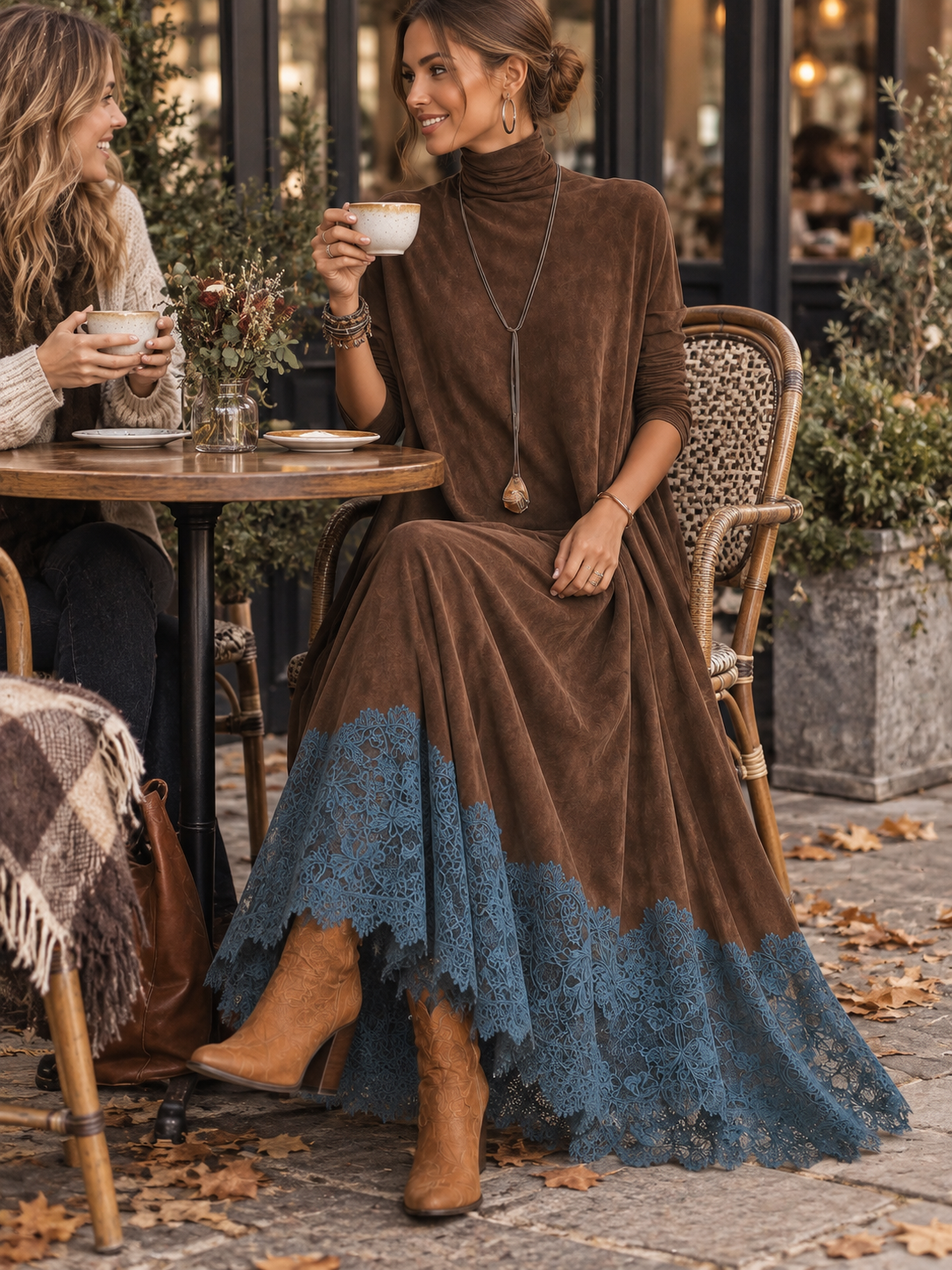 Dria - Vestido Maxi de Manga Larga en Suede Marrón Vintage para Mujer