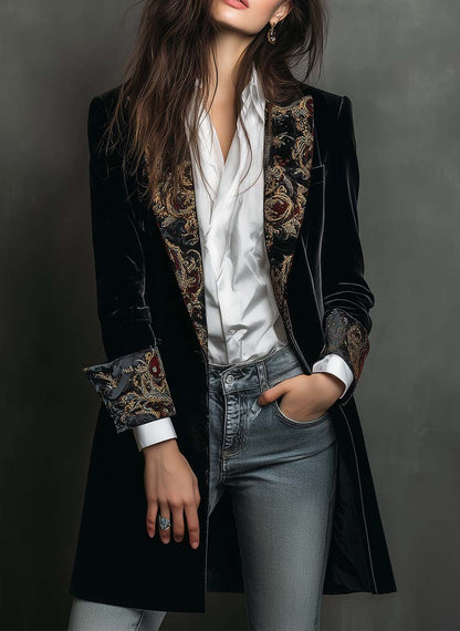 Carol - Blazer Slim Fit Negro Estampado Barroco para Mujer