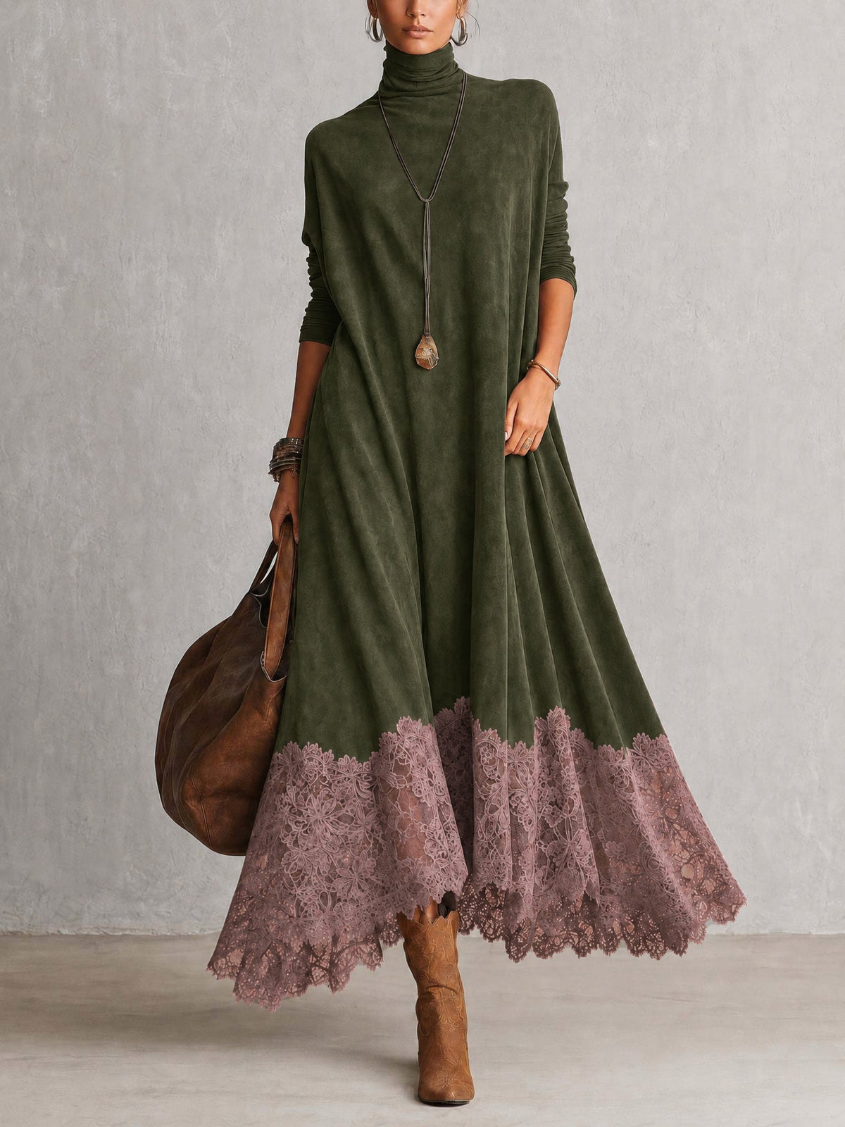 Dria - Vestido Maxi de Manga Larga en Suede Marrón Vintage para Mujer