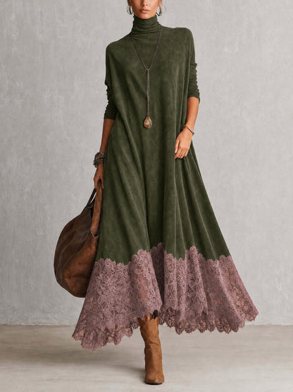 Dria - Vestido Maxi de Manga Larga en Suede Marrón Vintage para Mujer