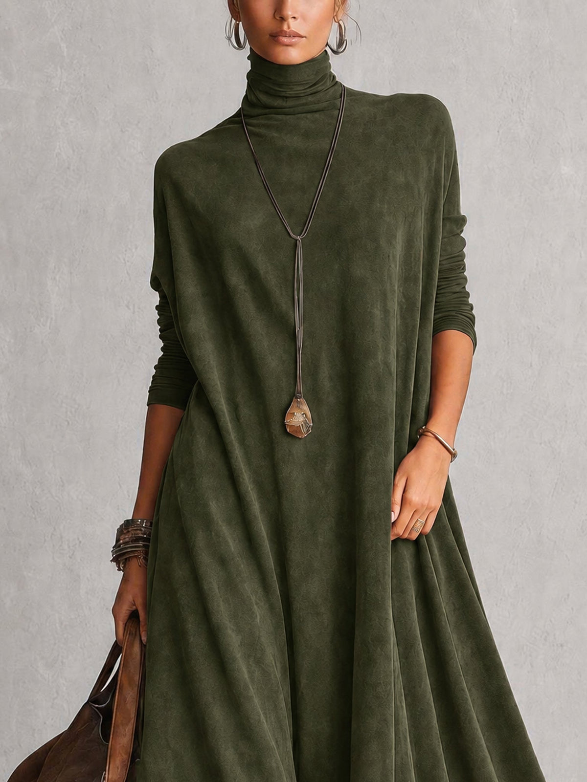 Dria - Vestido Maxi de Manga Larga en Suede Marrón Vintage para Mujer