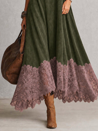 Dria - Vestido Maxi de Manga Larga en Suede Marrón Vintage para Mujer