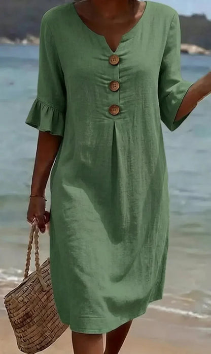 Vanesa | Vestido con textura de lino con manga abullonada y botones para Mujer