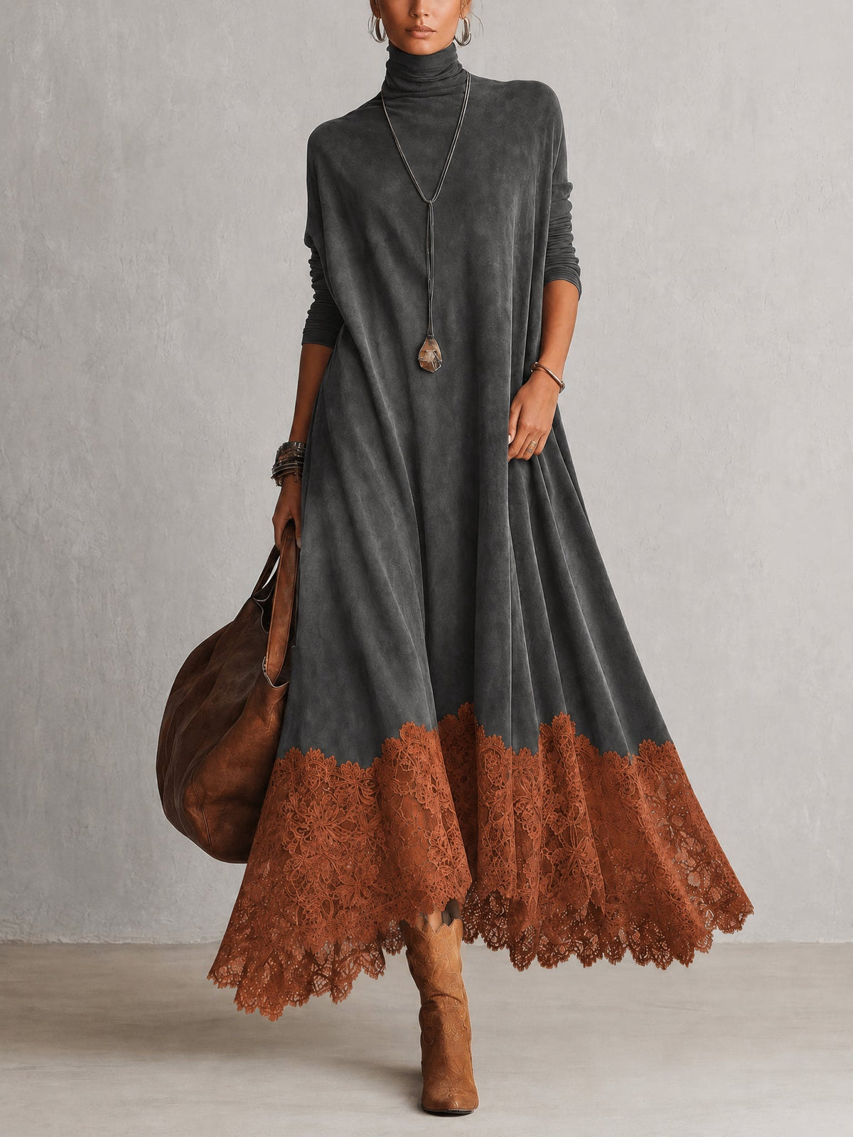 Dria - Vestido Maxi de Manga Larga en Suede Marrón Vintage para Mujer