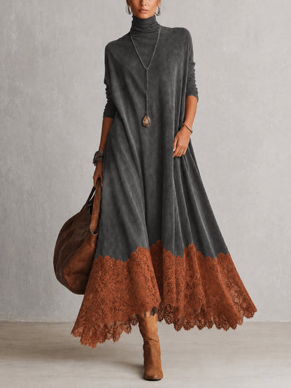 Dria - Vestido Maxi de Manga Larga en Suede Marrón Vintage para Mujer