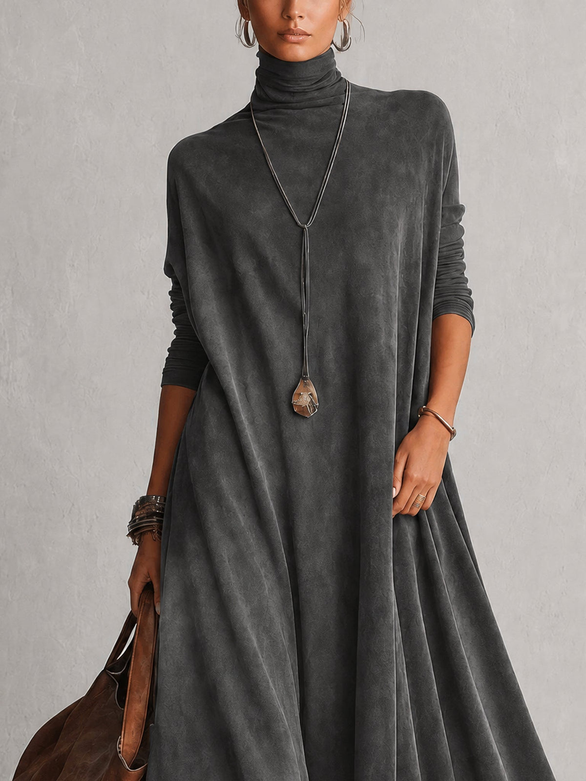 Dria - Vestido Maxi de Manga Larga en Suede Marrón Vintage para Mujer