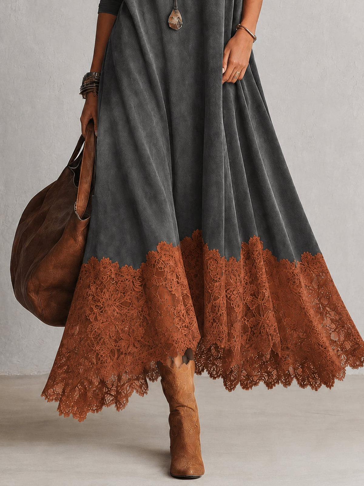 Dria - Vestido Maxi de Manga Larga en Suede Marrón Vintage para Mujer