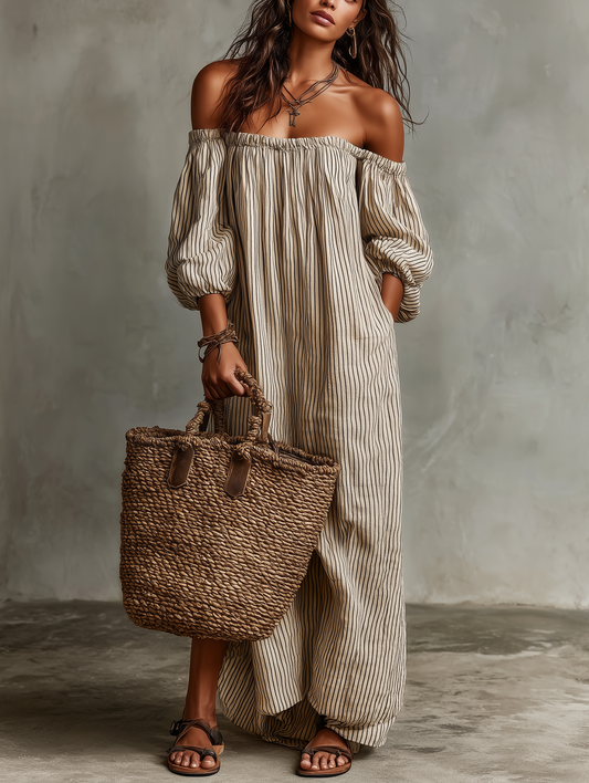 Carmen | Vestido largo de algodón y lino con hombros descubiertos para Mujer