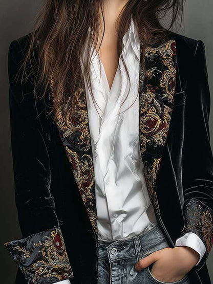 Carol - Blazer Slim Fit Negro Estampado Barroco para Mujer