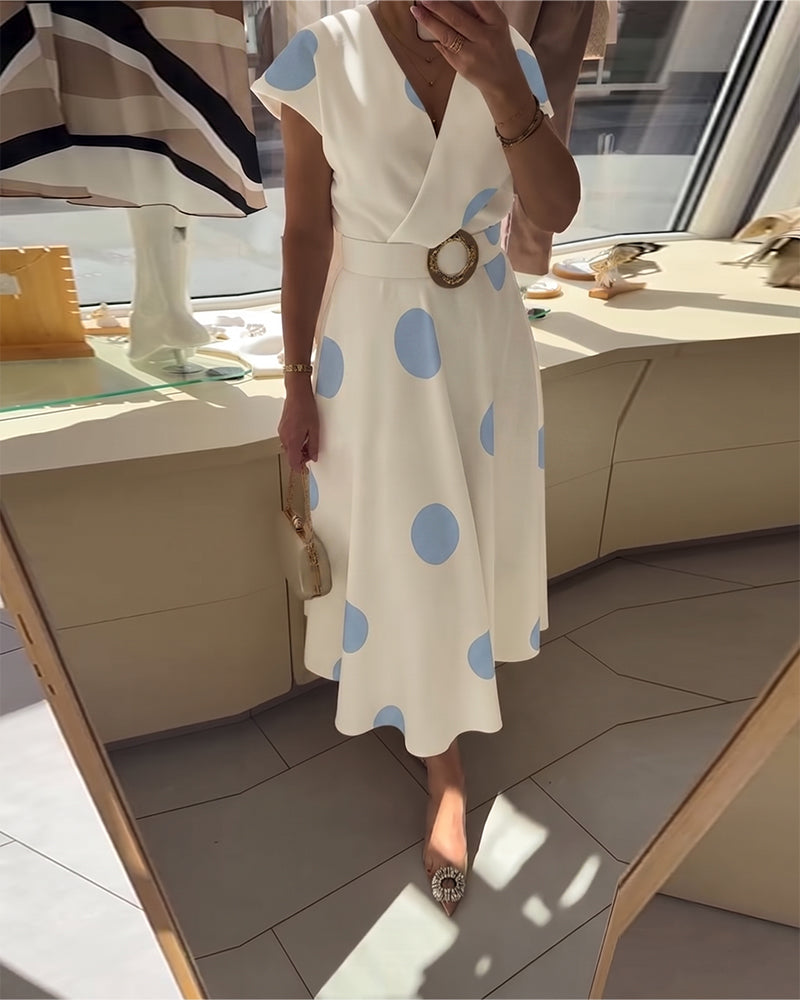 Lorena - Vestido midi para mujer con lunares y escote en V