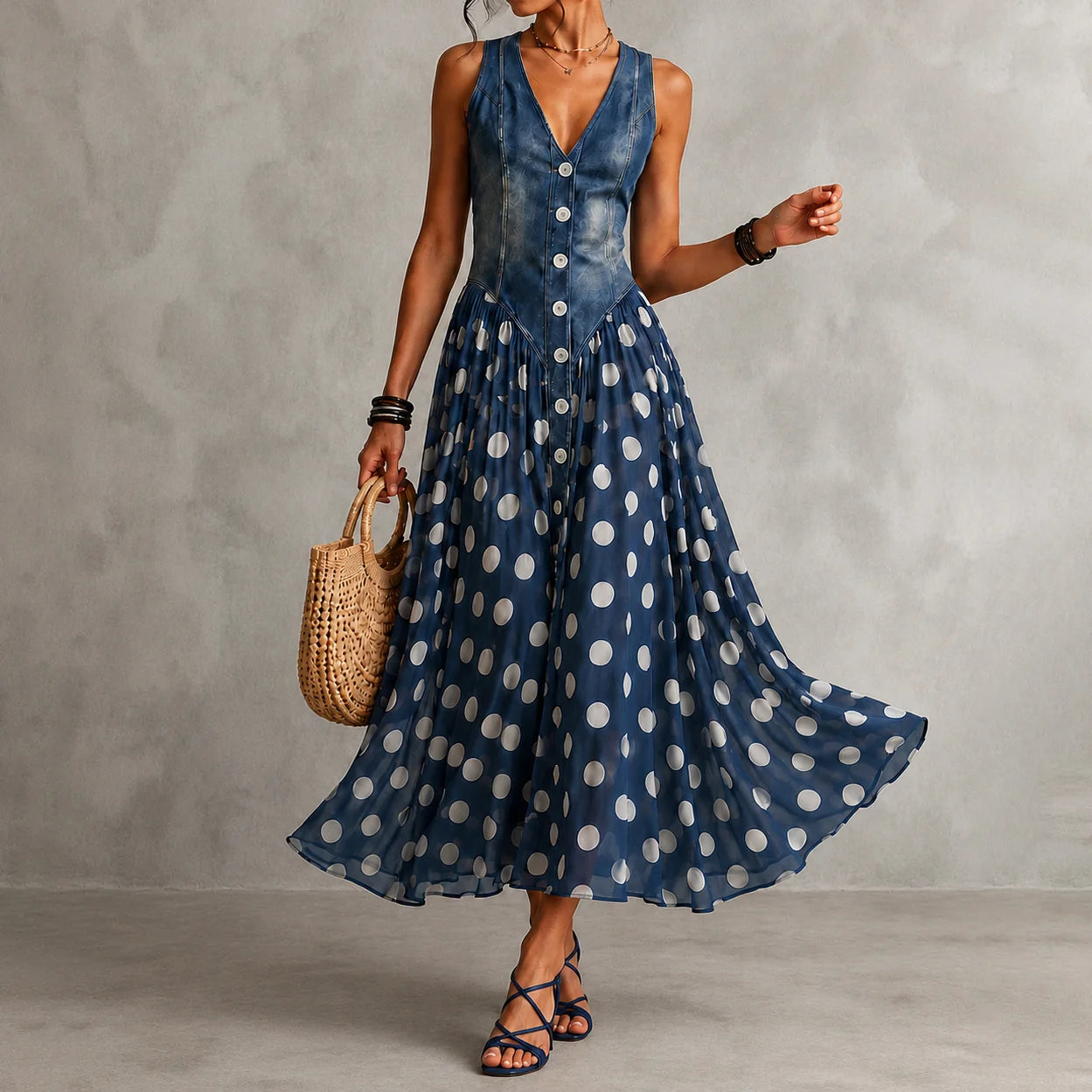 Rusca - Elegante vestido largo sin mangas de mezclilla falsa con lunares para Mujer