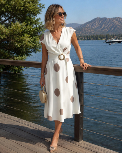 Lorena - Vestido midi para mujer con lunares y escote en V