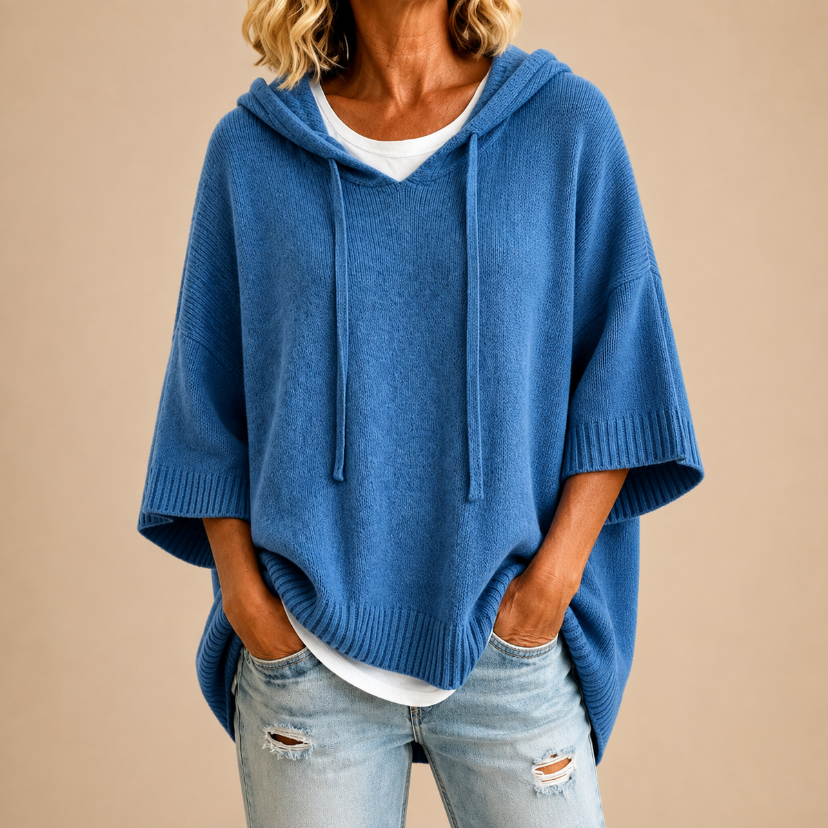 Oriana | Poncho de punto con capucha y manga tres cuartos para Mujer