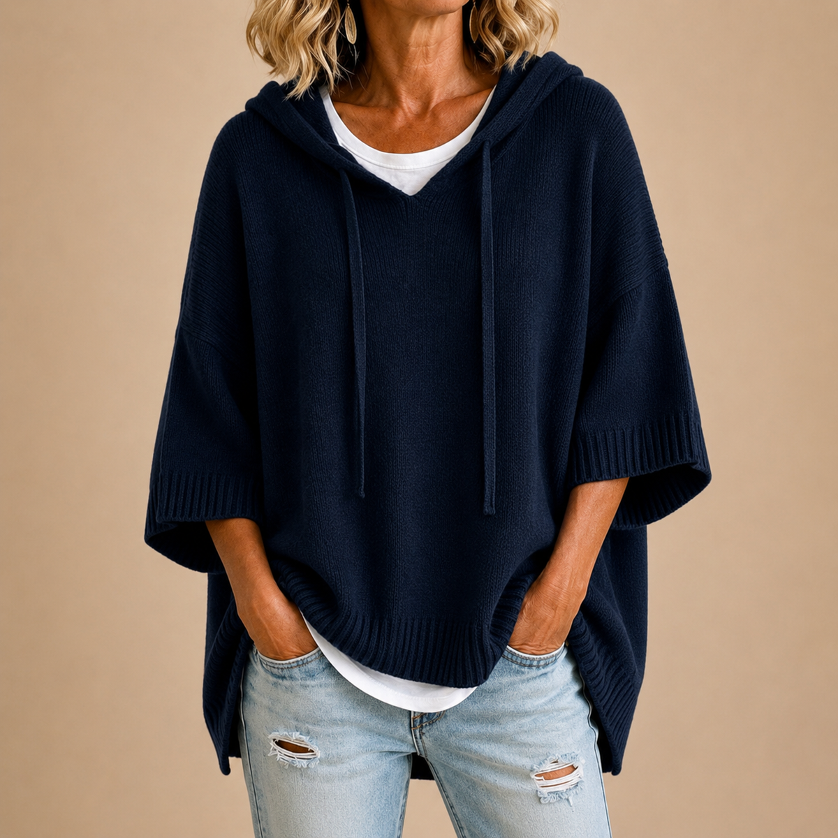 Oriana | Poncho de punto con capucha y manga tres cuartos para Mujer