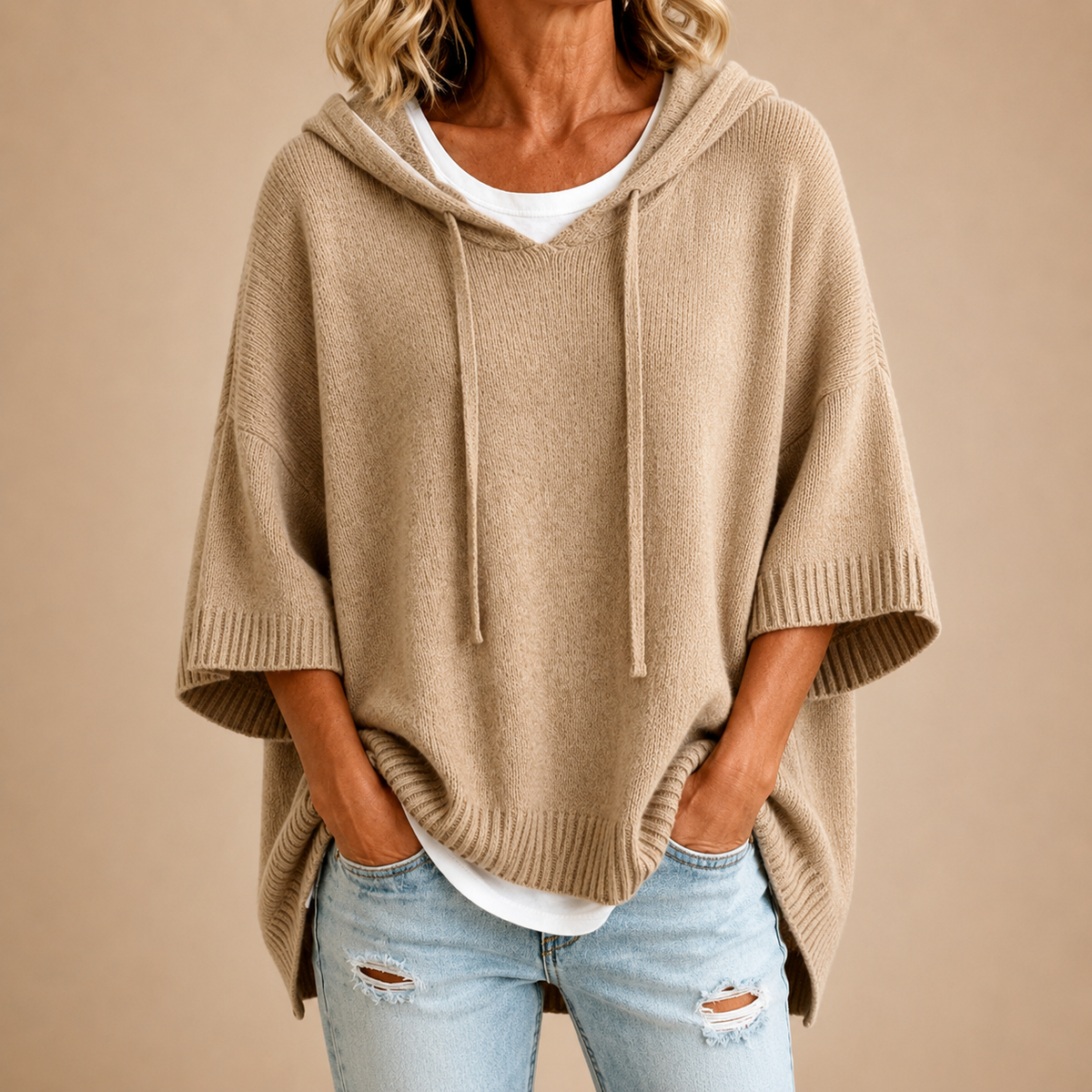 Oriana | Poncho de punto con capucha y manga tres cuartos para Mujer