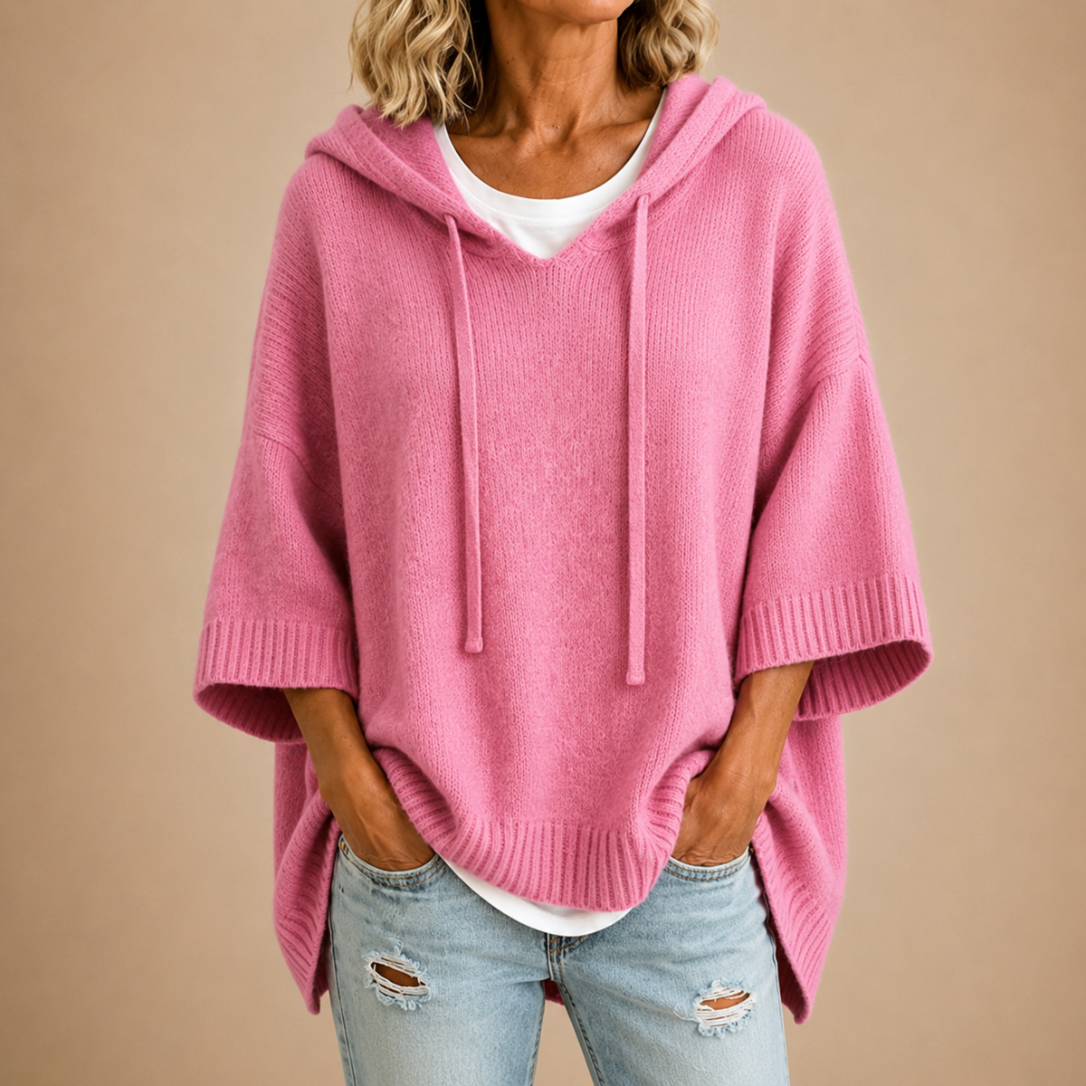 Oriana | Poncho de punto con capucha y manga tres cuartos para Mujer