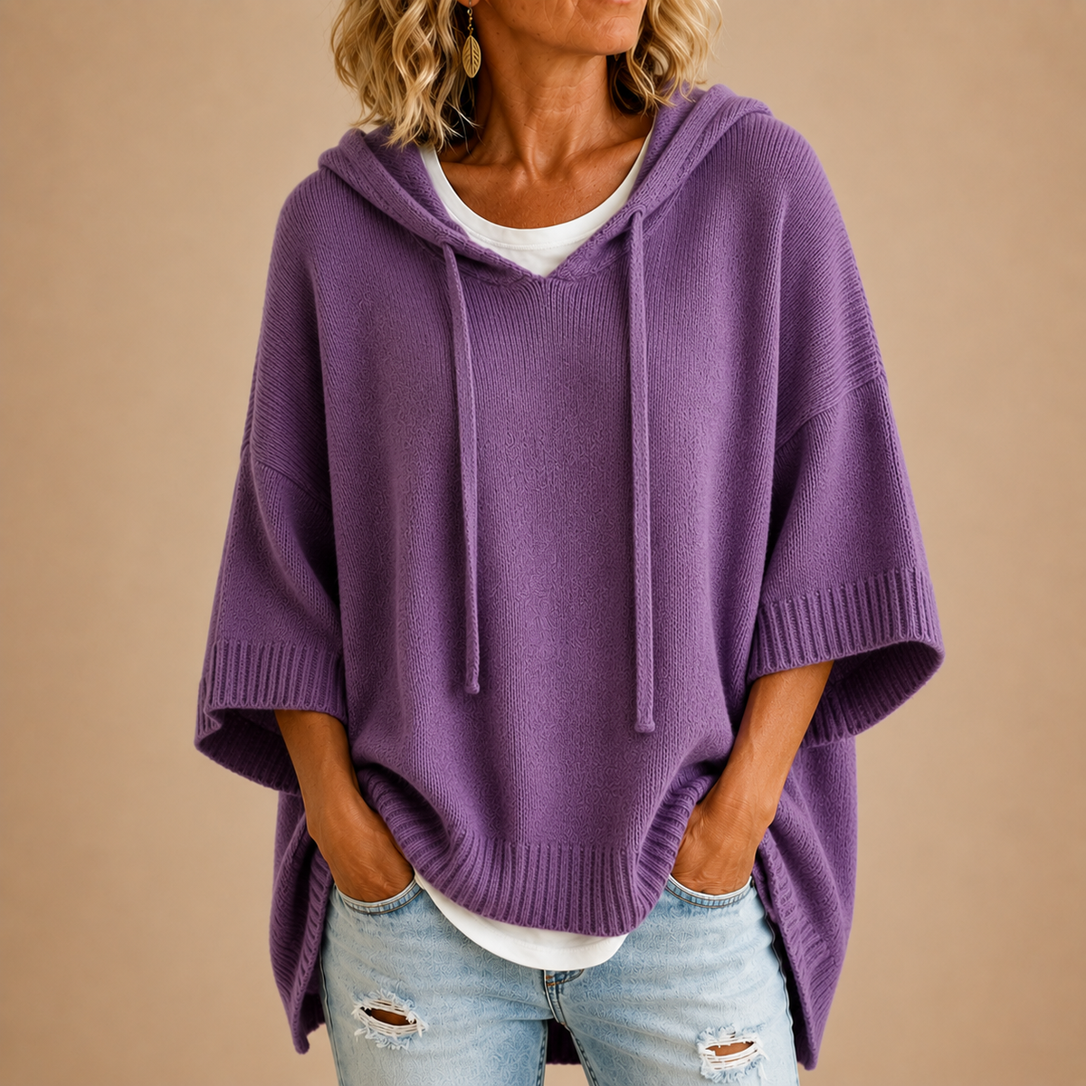 Oriana | Poncho de punto con capucha y manga tres cuartos para Mujer