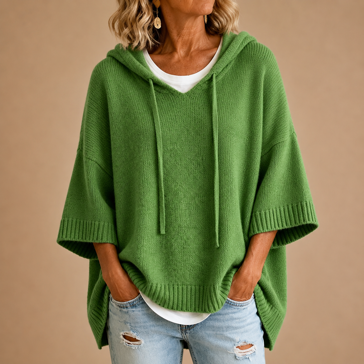 Oriana | Poncho de punto con capucha y manga tres cuartos para Mujer