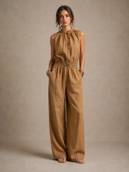 Zenaide | Mono color camello con escote alto anudado y pierna ancha para Mujer