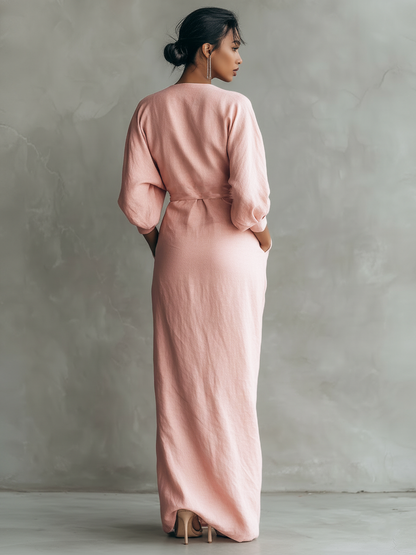 Rosa - Vestido Maxi Minimalista Rosa con escote en V en mezcla de Lino para Mujer