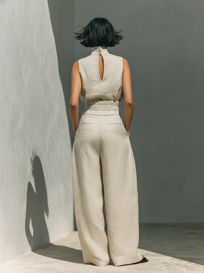 Aida - Conjunto de Blusa Sin Mangas y Pantalones de Pierna Ancha en Algodón y Lino Minimalista para Mujer