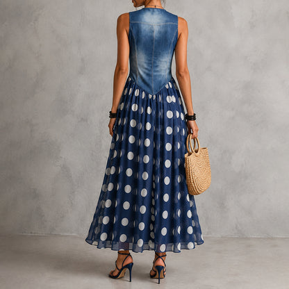Rusca - Elegante vestido largo sin mangas de mezclilla falsa con lunares para Mujer