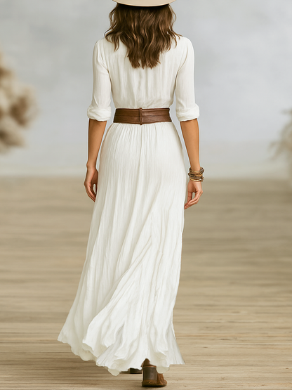 Aurora | Vestido Largo de Lino con Cuello Invertido para Mujer