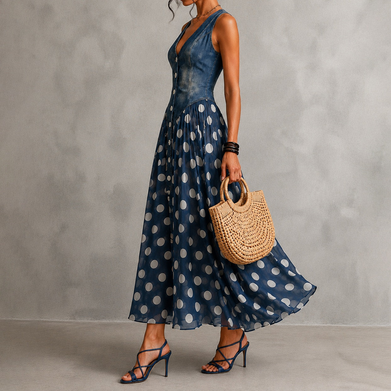 Rusca - Elegante vestido largo sin mangas de mezclilla falsa con lunares para Mujer