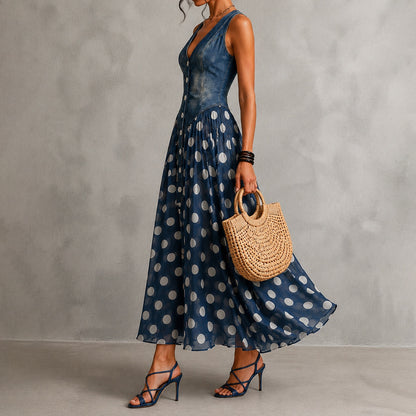 Rusca - Elegante vestido largo sin mangas de mezclilla falsa con lunares para Mujer
