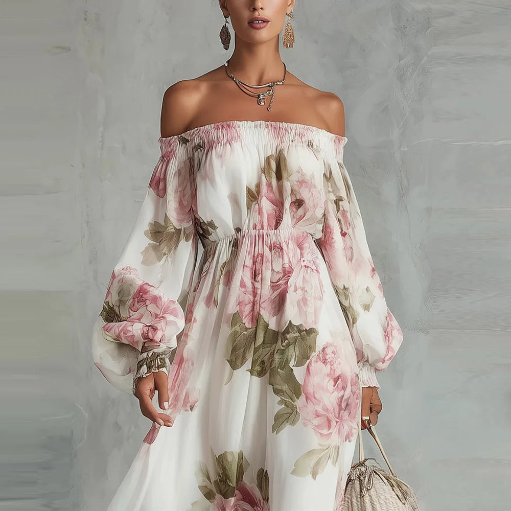 Pivoine | Vestido Maxi Floral con Hombros Descubiertos, Mangas Largas para Mujer