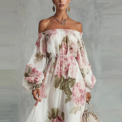 Pivoine | Vestido Maxi Floral con Hombros Descubiertos, Mangas Largas para Mujer