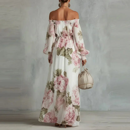 Pivoine | Vestido Maxi Floral con Hombros Descubiertos, Mangas Largas para Mujer