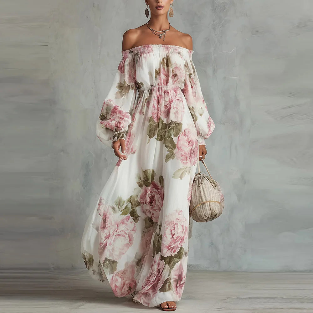 Pivoine | Vestido Maxi Floral con Hombros Descubiertos, Mangas Largas para Mujer