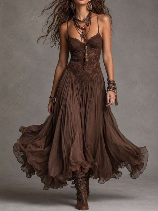 Natalia - Vestido Maxi de Chiffon con Paneles de Encaje Marrón Oscuro para Mujer