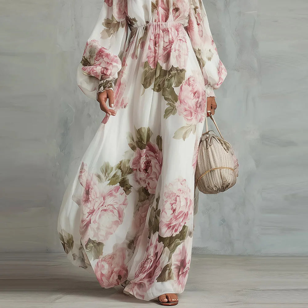 Pivoine | Vestido Maxi Floral con Hombros Descubiertos, Mangas Largas para Mujer
