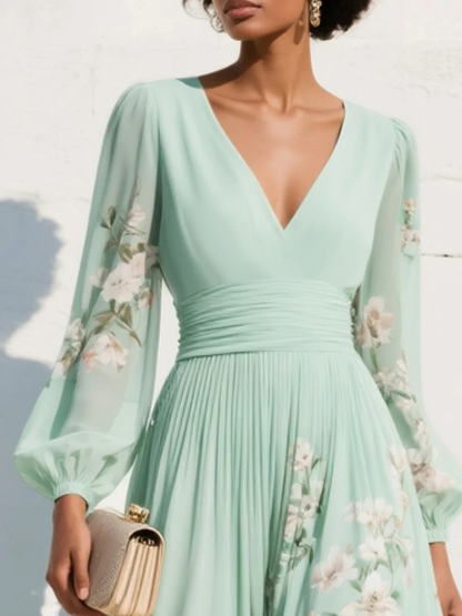 Menta - Vestido Maxi Plisado en Chiffon Verde Menta con Estampado Floral para Mujer