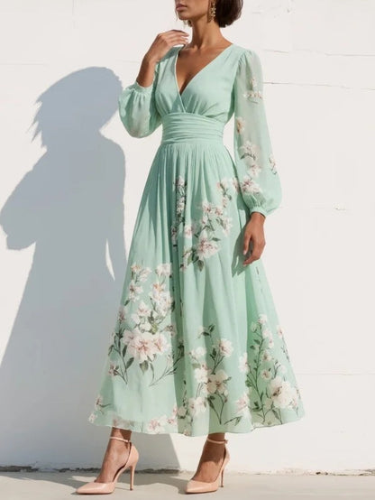 Menta - Vestido Maxi Plisado en Chiffon Verde Menta con Estampado Floral para Mujer